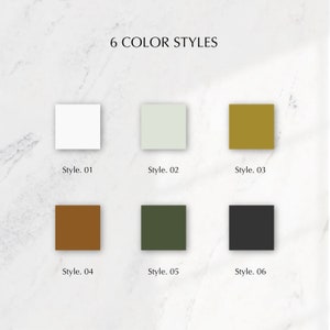 Op de afbeelding: Zes kleurstalen, gelabeld "Style. 01" tot "Style. 06". De kleuren zijn wit, lichtgroen, goud, bruin, donkergroen en zwart.