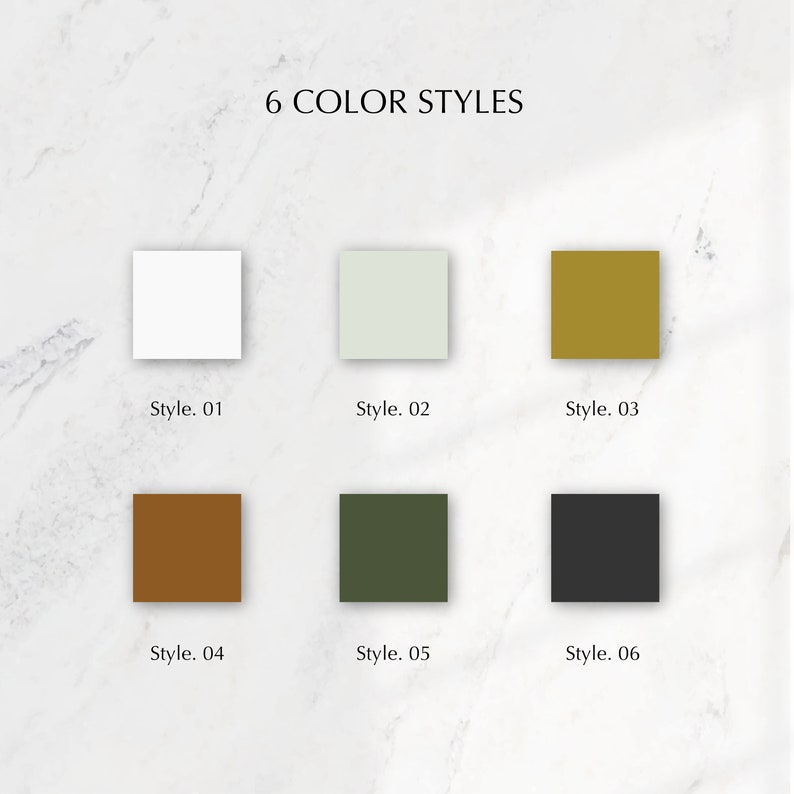 Op de afbeelding: Zes kleurstalen, gelabeld "Style. 01" tot "Style. 06". De kleuren zijn wit, lichtgroen, goud, bruin, donkergroen en zwart.