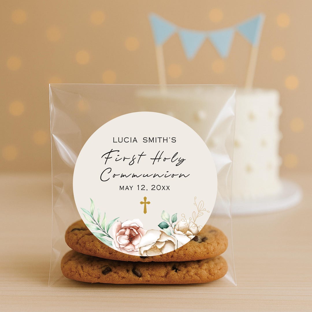First Communion Labels - Pink Rose Favor Stickers | Botanical First ...