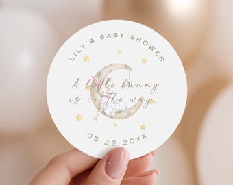 Hase-Babyparty-Aufkleber | Gender Neutral Baby Shower Favor Label | Schlafendes Kaninchen Mond & Sterne Babyparty Dekor | Hip Hop Hooray (B470)