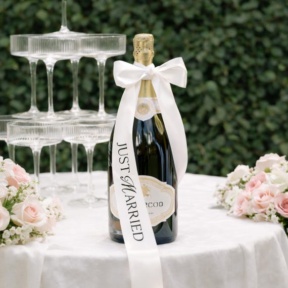 Just Married Satin Ribbon Bow | Champagne Bottle Decor | Wedding Party Accent (B558)