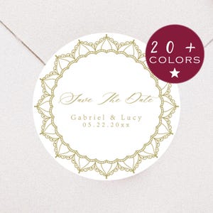 Pegatinas personalizadas para guardar la fecha / Etiquetas clásicas para invitaciones de boda / Sellos para sobres con elegantes diseños geométricos vintage / Pegatinas doradas para bodas (B548)