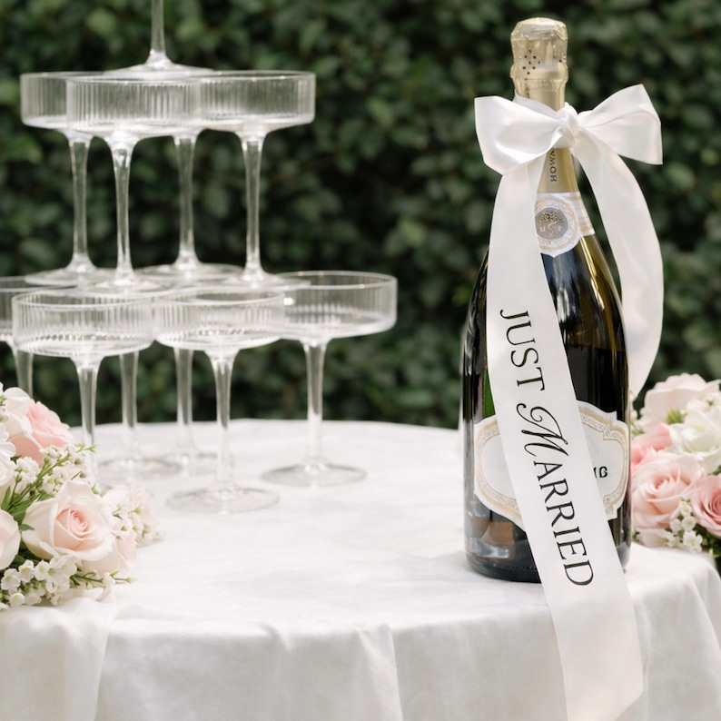 Just Married Satinband Schleife | Champagner Flasche Dekor | Akzent für Hochzeitsfeier (B558) Bild 2