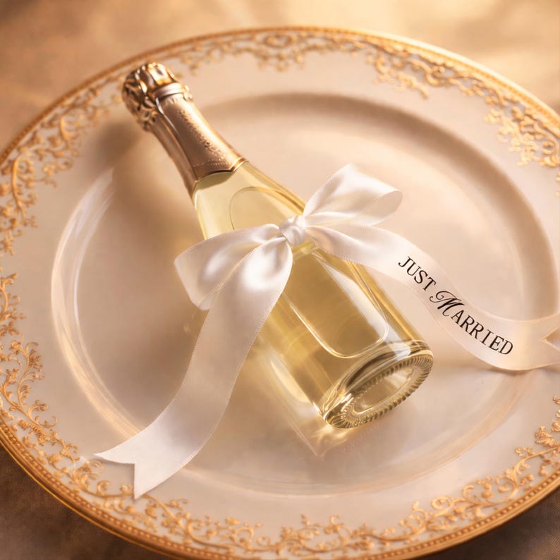 Just Married Satinband Schleife | Champagner Flasche Dekor | Akzent für Hochzeitsfeier (B558) Bild 5