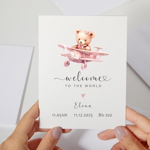 Carte Bienvenue dans le monde | Carte bébé ours en peluche rose en hélicoptère | Carte de naissance pour nièce | Nouveau cadeau pour petite-fille (C177)