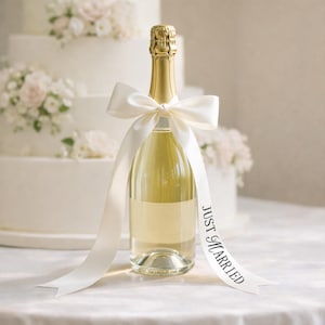 K&ouml;nnte beinhalten: Eine Champagnerflasche mit goldenem Folienverschluss und einem wei&szlig;en Band um den Hals gebunden. Auf dem Band steht "Just Married". Im Hintergrund ein wei&szlig;er Hochzeitskuchen mit Blumendekorationen.