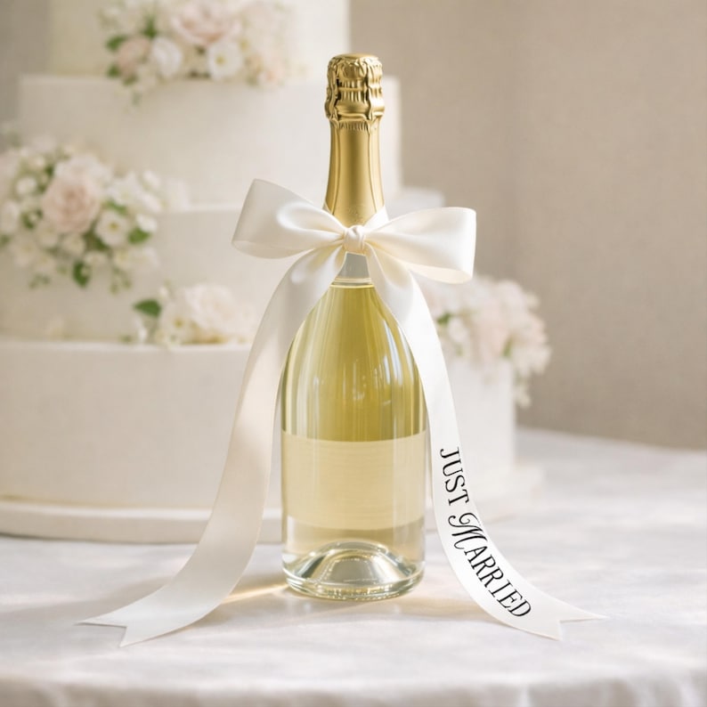 K&ouml;nnte beinhalten: Eine Champagnerflasche mit goldenem Folienverschluss und einem wei&szlig;en Band um den Hals gebunden. Auf dem Band steht "Just Married". Im Hintergrund ein wei&szlig;er Hochzeitskuchen mit Blumendekorationen.