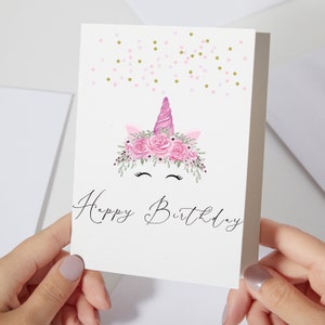 carte d'anniversaire rose licorne | de voeux d'anniversaire personnalisée | Carte d'anniversaire de calligraphie | Carte d'anniversaire pour enfants, filles et enfants (C16)