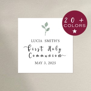 Square Baptism Sticker | Greenery Baptism Label Cute Font | Eucalyptus First Communion | First Communion Christening God Tag (B398)