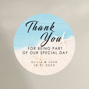 Beach Wedding Stickers | Watercolor Beach Themed Circle Labels | Personalized Summer Ocean Sand Favor Tags | Starfish Blue Thank You (B235)