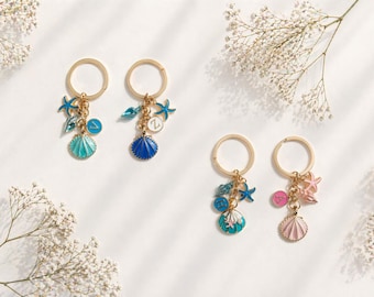 Llavero playero personalizado / Llavero con inicial / Colgante de estrella de mar con concha para bolso / Joyería veraniega oceánica (B615)