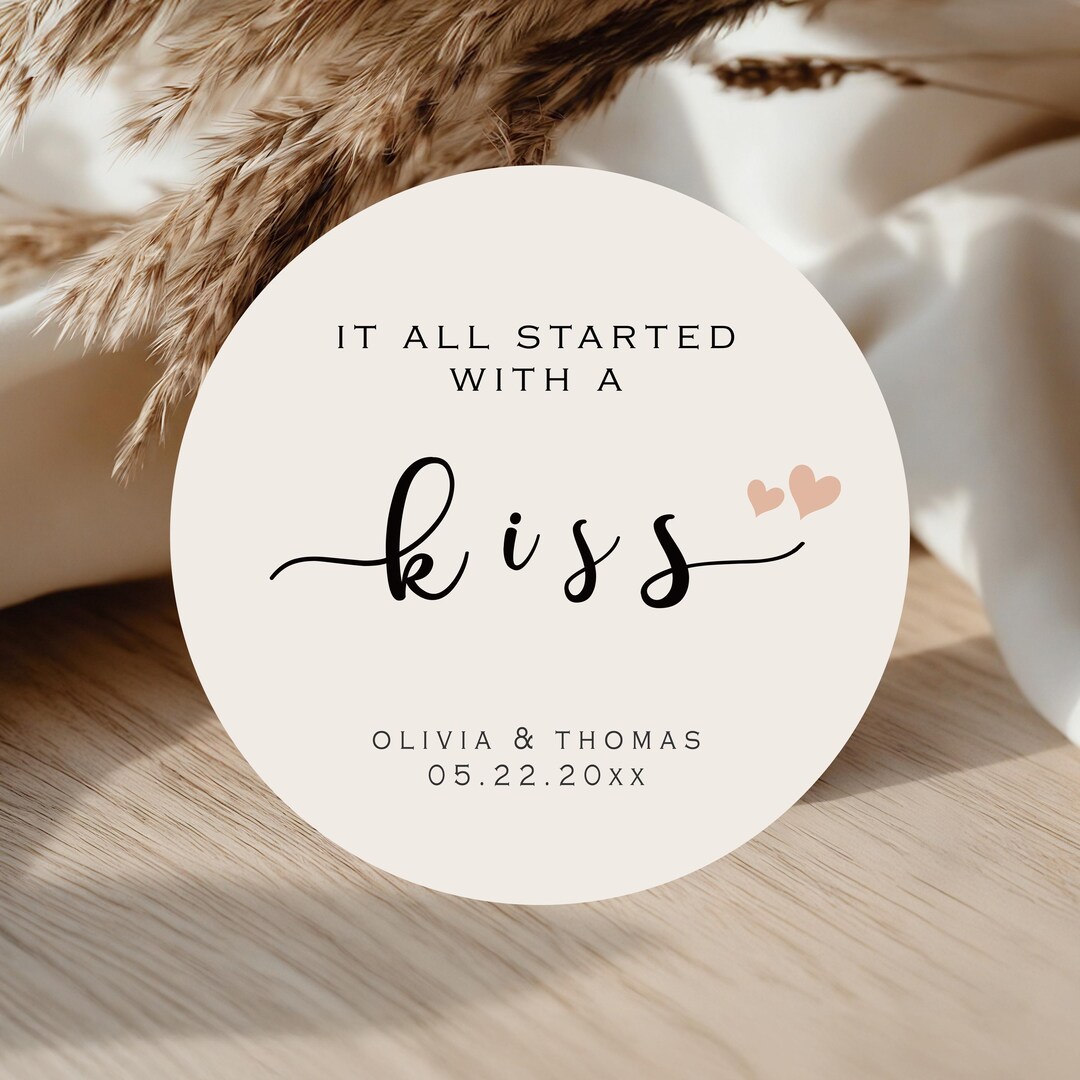 First Event Label Custom Wedding Labels | It All Started With A Kiss Label | Personalized ...
