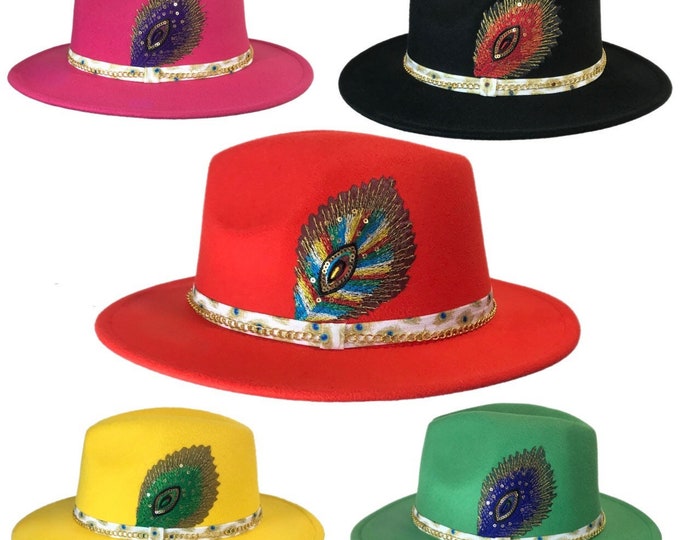 VOEL -  Sequin Peacock Design Fedora Hat With Peacock Feather Print / Gold Chain Band (5 Colors)