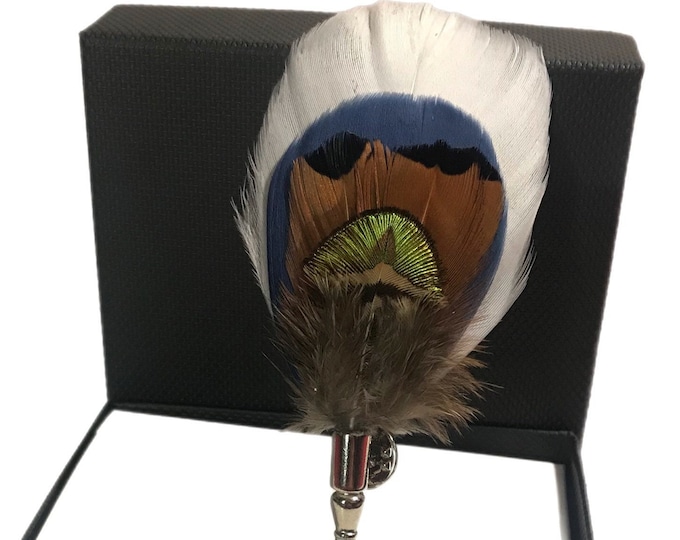 White, Navy Blue and Brown Pheasant Feather Lapel Pin