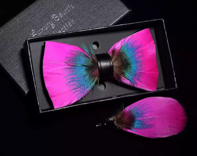 Fuchsia Pink and Blue Feather Bow Tie & Lapel Pin Set