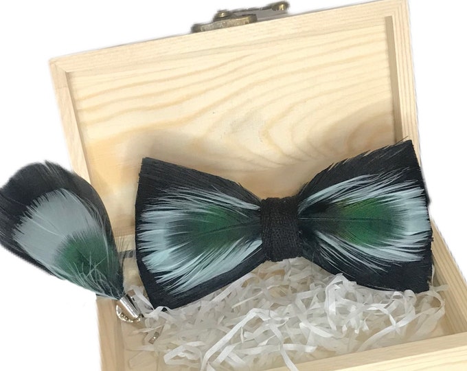 Mint, Green and Black Feather Bow Tie & Lapel Pin Set