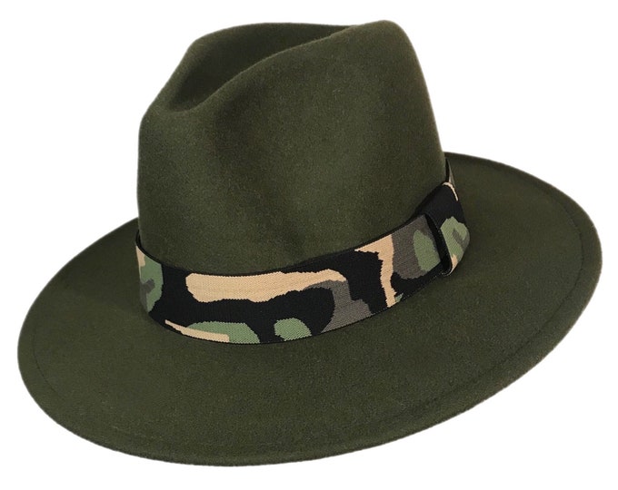 DOWELL - Army Green Flat Brim Fedora With Camouflage Weaved Band