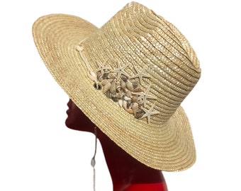 MARINA - Straw Beach Spring Summer Vacation Fedora Hat With Sea shell / Starfish Side Design and Seashell Chain