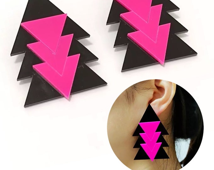 Abstract Geometric Shape Pink and Black Acrylic Earrings