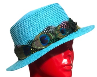 Birds Of Paradise Turquoise Blue Peacock Feather Short Brim Boater Straw Panama Hat