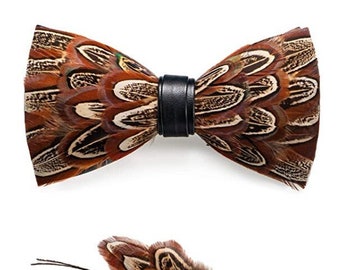 Pecan Brown and Beige Feather Bow Tie and Pin Set (Child & Adult Size)