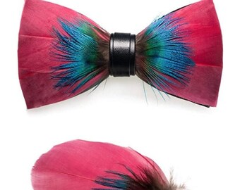 Burgundy and Blue Feather Bow Tie