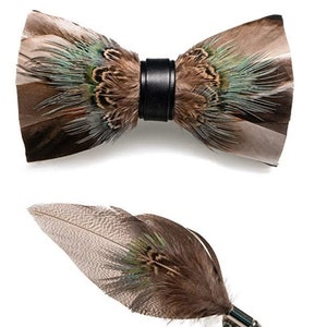 Gray, Brown, Beige and Black Mallard Duck and Pheasant Feather Bow Tie and Pin Set (Child & Adult Size)