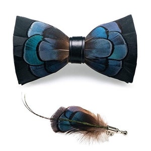Dark Blue and Black Iridescent Feather Bow Tie & Pin Set (Adult or Child Size)