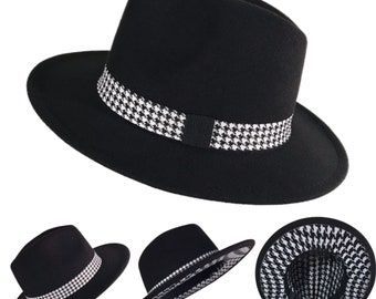 STOOTHED - Black Fedora with Black/White Houndstooth Print Inner Brim and Band