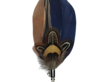 Navy Blue / Brown and Cream White Pheasant Feather Lapel Pin