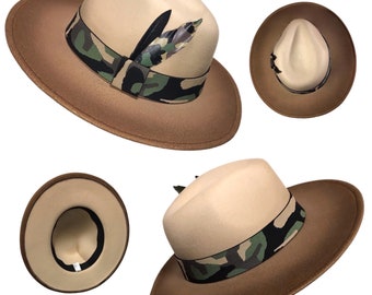 MAJOR - Beige / Brown Ombre Two Tone Fedora Hat With Camouflage Band and Hand Painted Feather