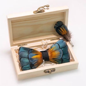 Navy Blue and Orange Iridescent Feather Bow Tie and Pin Set (Child & Adult Size)