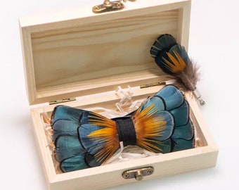 Navy Blue and Orange Iridescent Feather Bow Tie and Pin Set (Child & Adult Size)
