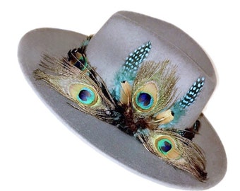 Birds Of Paradise Gray Peacock Feather Fedora Hat