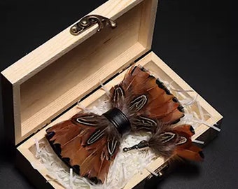 Mixed Brown and Black Feather Bow Tie and Pin Set