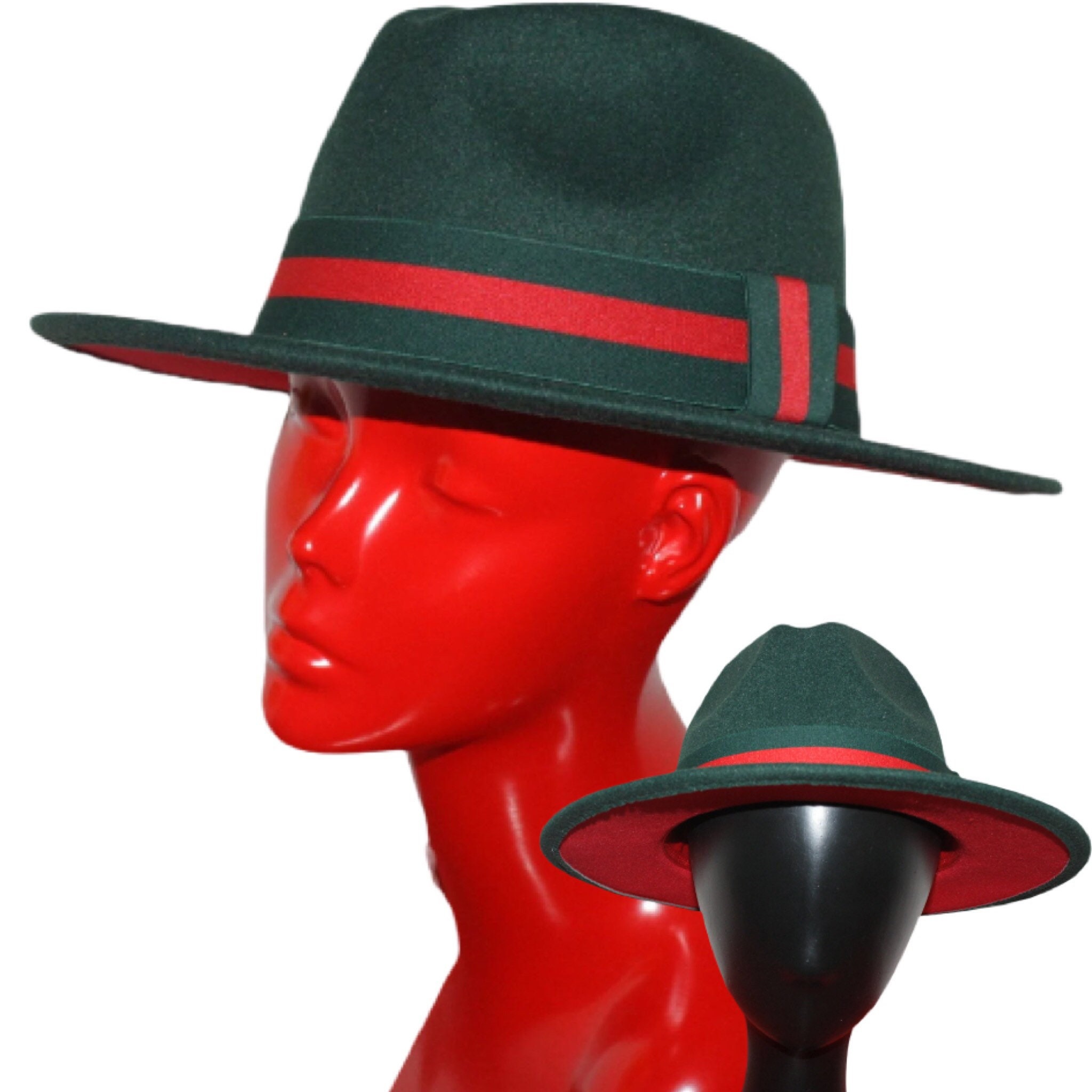 HUNTER Green / Red Brim Fedora Hat With 
