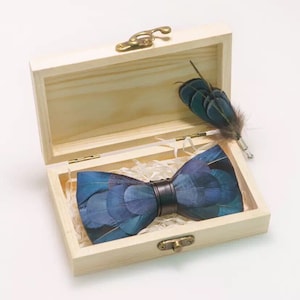 Navy Blue and Black Iridescent Feather Bow Tie & Pin Set