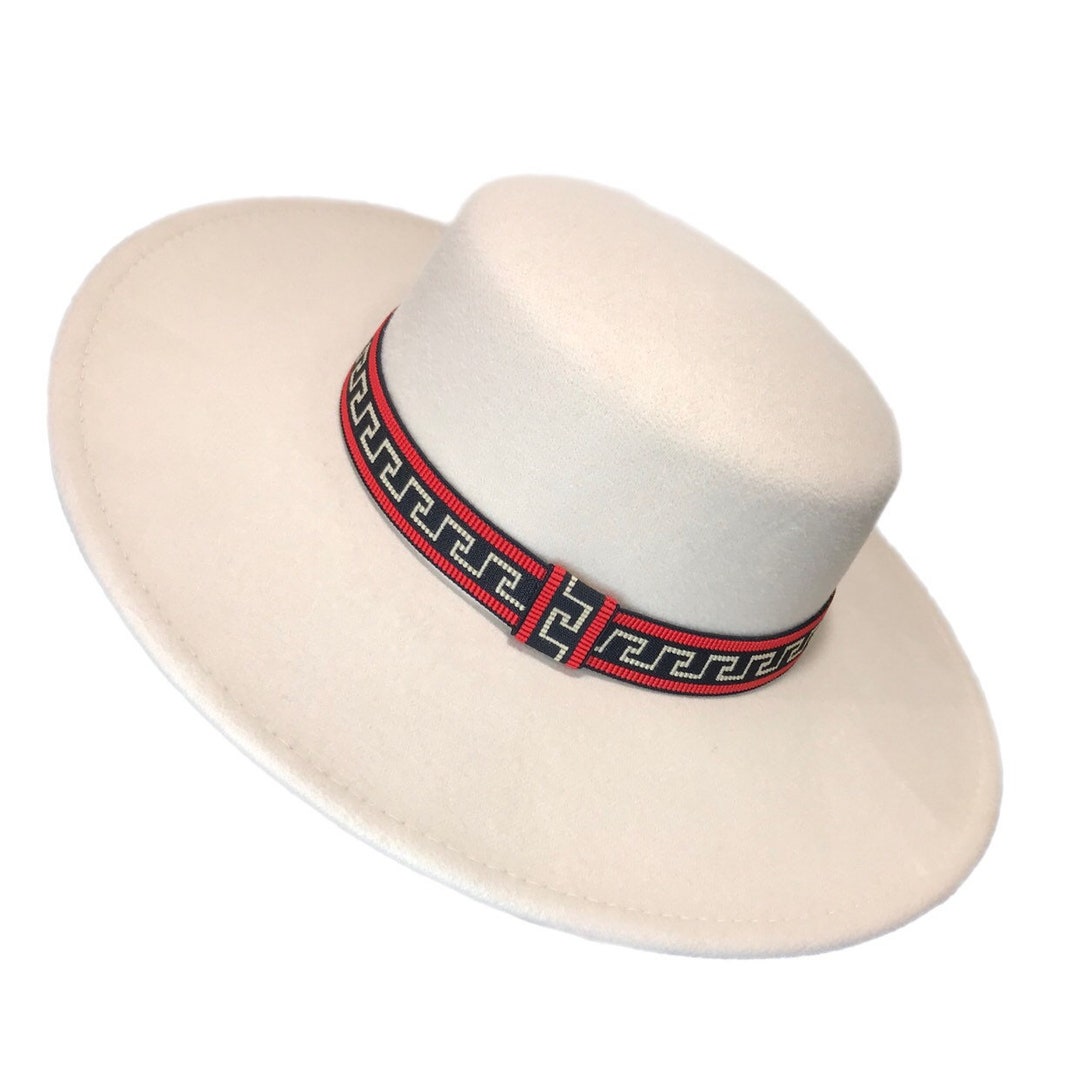 PRIVAE Wide Brim Cream Boater Fedora Hat / Red, Black, and Cream Greek Key Meander Print Band Etsy
