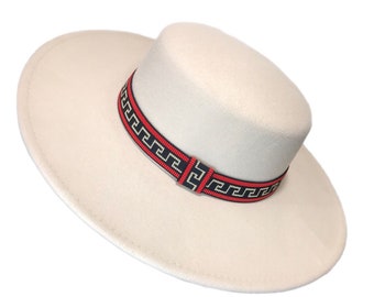 PRIVAE - Wide Brim Cream Boater Fedora Hat / Red, Black, and Cream Greek Key Meander Print Band