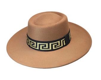 REGAL - Beige Brown Pork Pie Hat with Greek Key Meander Print Band