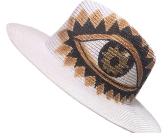 ICU - White, Black, Gold Eyeball Eyelash Painted Cream White Straw Fedora Hat