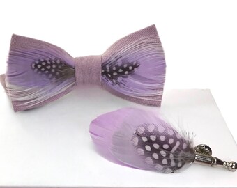 Pastel Lilac Fabric / Lavender Feather Bow Tie & Pin Set