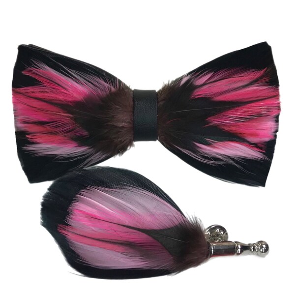 Black and Pink Dyed Rooster Feather Bow Tie & Pin Set