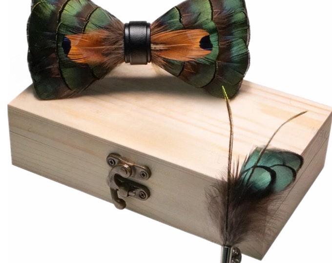Juniper Green, Brown and Black Iridescent Feather Bow Tie