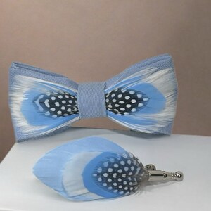 Light Blue and White Feather / Linen Bow Tie and Lapel Pin Set