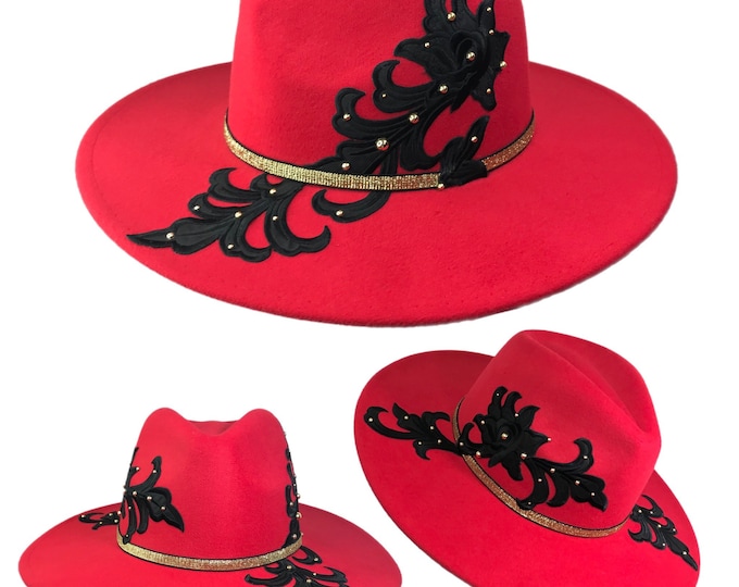AKANE - Red Wide Brim Tear Drop Dome Floral Embroidered Black and Gold Pearl Studded Fedora Hat With Gold Band