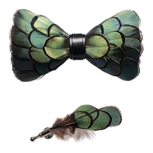 Juniper Green and Black Iridescent Feather Bow Tie Lapel Pin Set (Child & Adult Size)