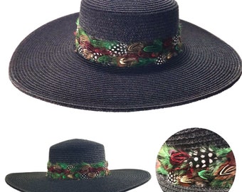 MORROCCO - Black Wide Brim Quality Weaved Straw Boater Hat With Pheasant Feather Band
