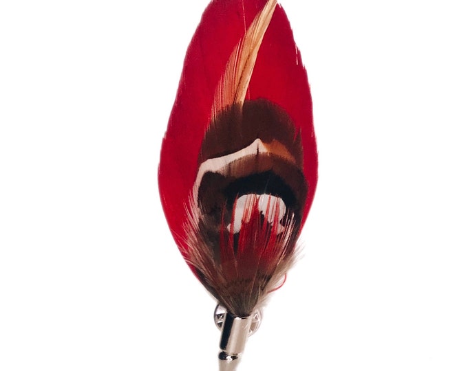 Red, Beige and Brown Pheasant Feather Lapel Pin