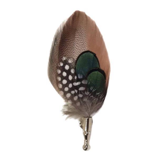 Brown, Beige, Green, Black and White Polka Dot Duck / Hen / Peacock Feather Lapel Pin